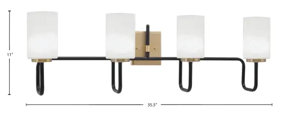 The Sandia 4 Light Bath Bar combines contemporary style with practical functionality. Its striking Matte Black and New Age Brass finish creates visual interest, while the White Muslin Glass shades provide soft, flattering light perfect for bathroom tasks. - alternate view