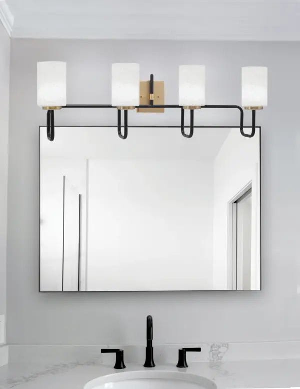 Sandia 4 Light Bath Bar in Matte Black & New Age Brass with White Muslin Glass - Image 3