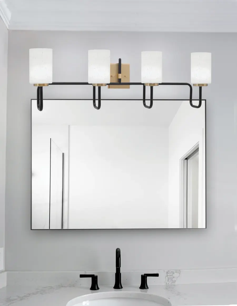 Sandia 4 Light Bath Bar in Matte Black & New Age Brass with White Muslin Glass - Image 3