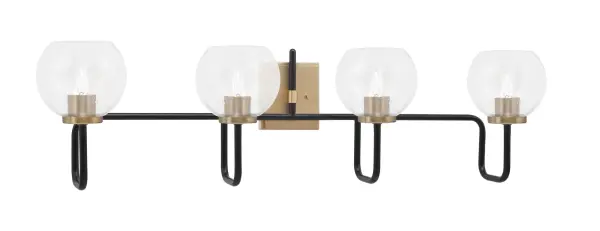 The Sandia 4 Light Bath Bar combines sleek modern design with exceptional functionality. Its bold Matte Black and New Age Brass finish creates dramatic contrast, while Clear Bubble Glass shades add textural interest and ample illumination.
