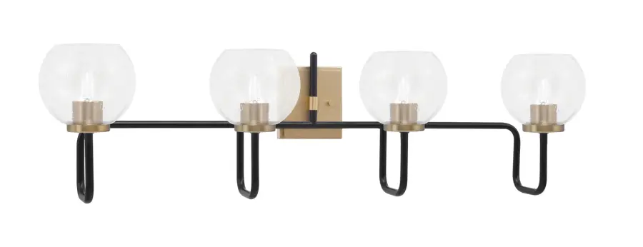 Sandia 4 Light Bath Bar in Matte Black & New Age Brass with Clear Bubble Glass - Image 1