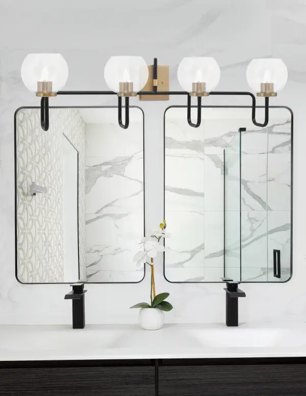 Sandia 4 Light Bath Bar in Matte Black & New Age Brass with Clear Bubble Glass - Image 3
