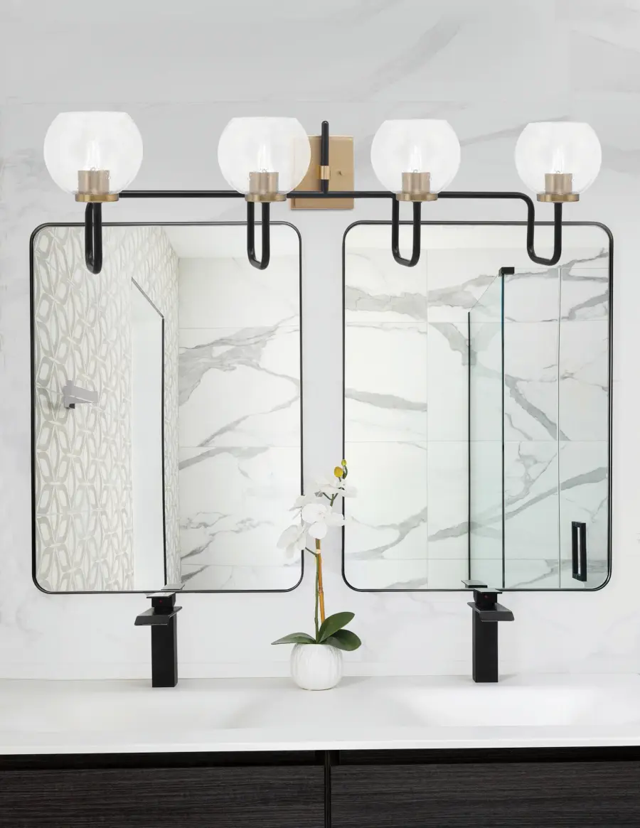 Sandia 4 Light Bath Bar in Matte Black & New Age Brass with Clear Bubble Glass - Image 3