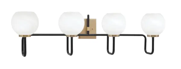 The Sandia 4 Light Bath Bar combines striking Matte Black and New Age Brass finishes with elegant White Marble Glass shades. At 37.25" wide, it provides excellent illumination for medium to large bathrooms while adding a refined, contemporary aesthetic.