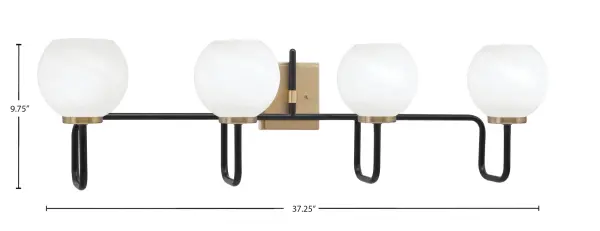 The Sandia 4 Light Bath Bar combines striking Matte Black and New Age Brass finishes with elegant White Marble Glass shades. At 37.25" wide, it provides excellent illumination for medium to large bathrooms while adding a refined, contemporary aesthetic. - alternate view