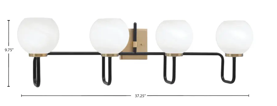 Sandia 4 Light Bath Bar in Matte Black & New Age Brass with White Marble Glass - Image 2