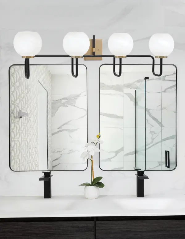 Sandia 4 Light Bath Bar in Matte Black & New Age Brass with White Marble Glass - Image 3