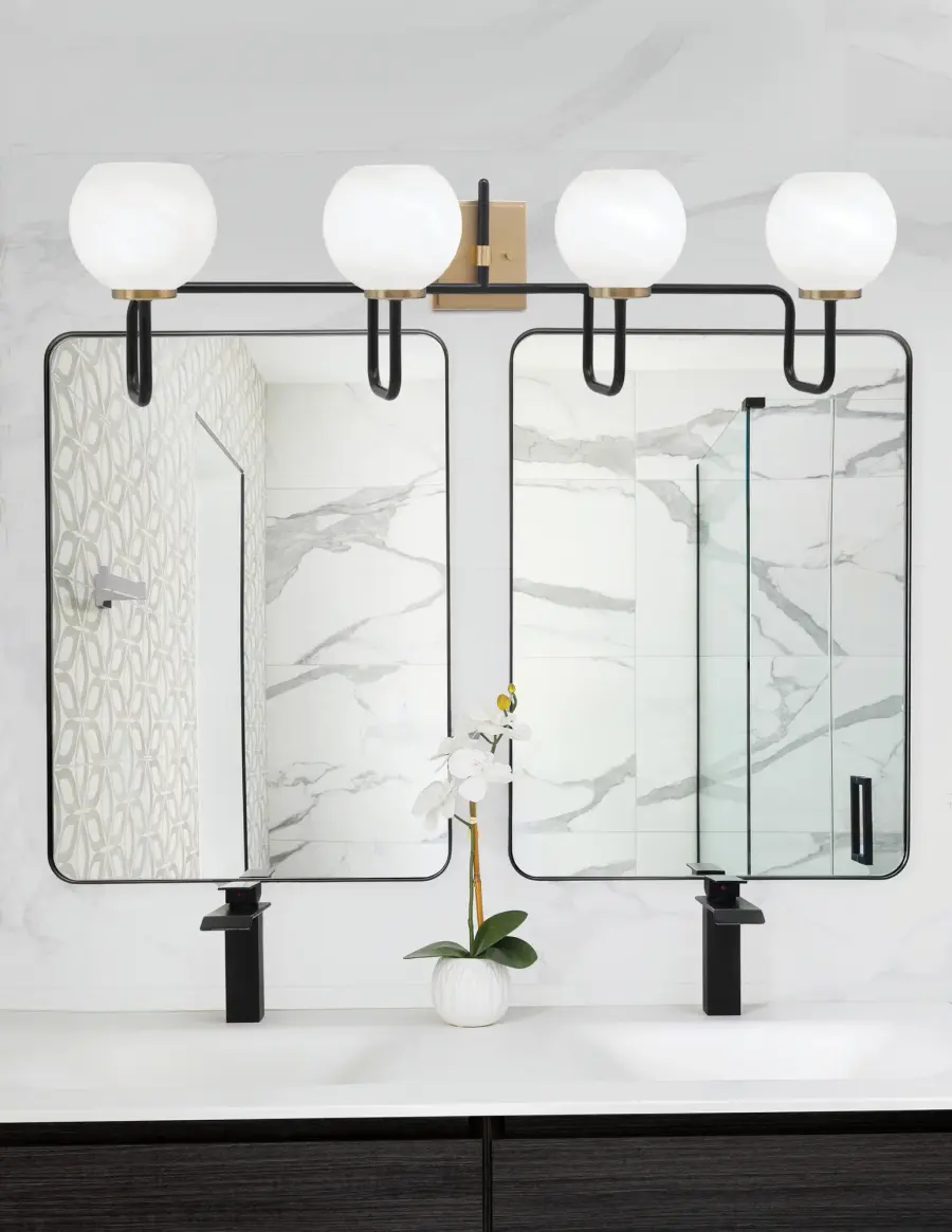 Sandia 4 Light Bath Bar in Matte Black & New Age Brass with White Marble Glass - Image 3