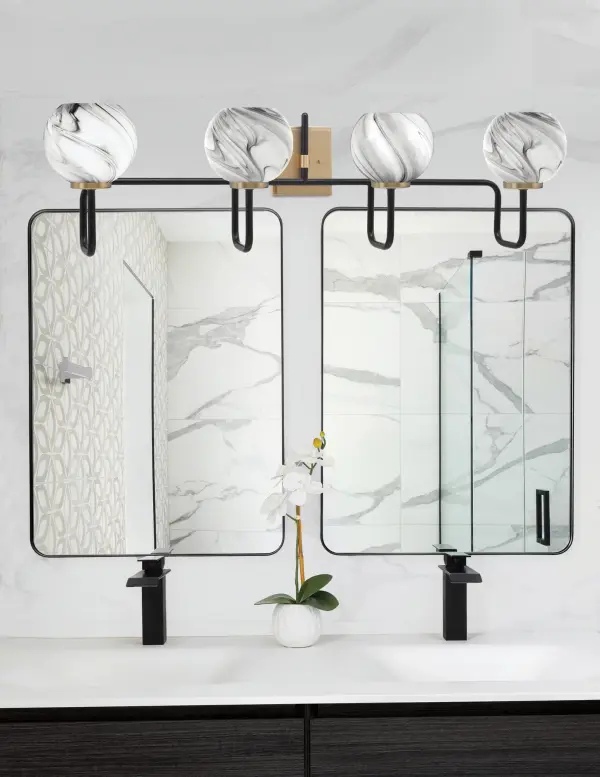 Bold Two-Tone Bath Bar with Striking Onyx Swirl Glass Shades - Image 3