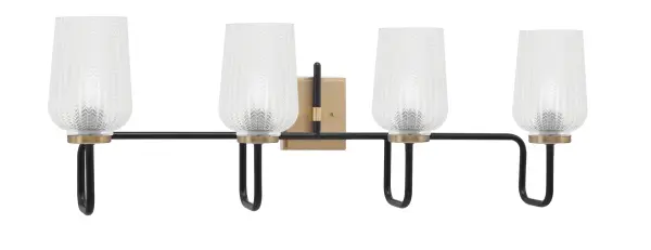 The Sandia 4 Light Bath Bar makes a dramatic statement with its bold Matte Black and New Age Brass combination. The textured glass shades create beautiful light diffusion while the 35.75-inch width provides ample illumination for larger vanities.