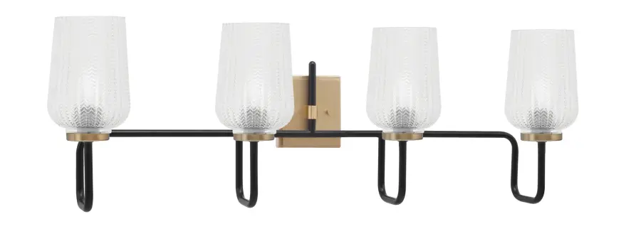 Sandia 4 Light Bath Bar in Matte Black & New Age Brass with Clear Textured Glass - Image 1