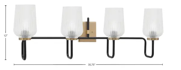The Sandia 4 Light Bath Bar makes a dramatic statement with its bold Matte Black and New Age Brass combination. The textured glass shades create beautiful light diffusion while the 35.75-inch width provides ample illumination for larger vanities. - alternate view