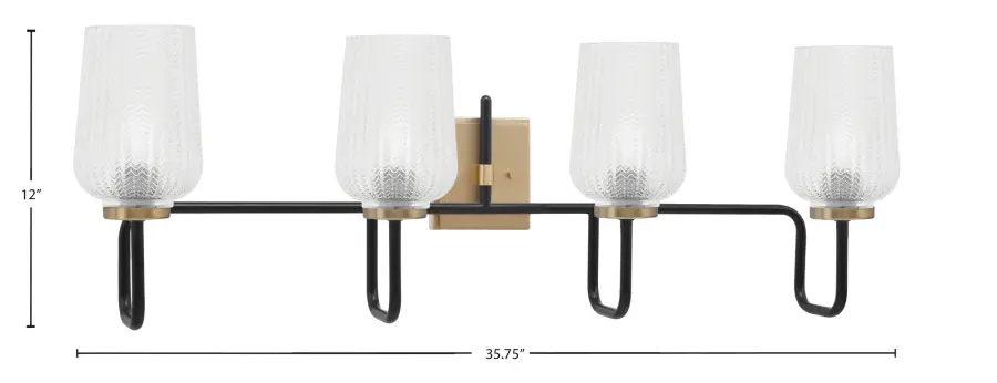 Sandia 4 Light Bath Bar in Matte Black & New Age Brass with Clear Textured Glass - Image 2