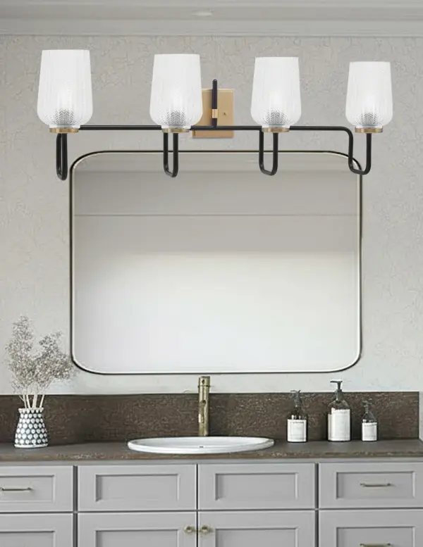 Sandia 4 Light Bath Bar in Matte Black & New Age Brass with Clear Textured Glass - Image 3