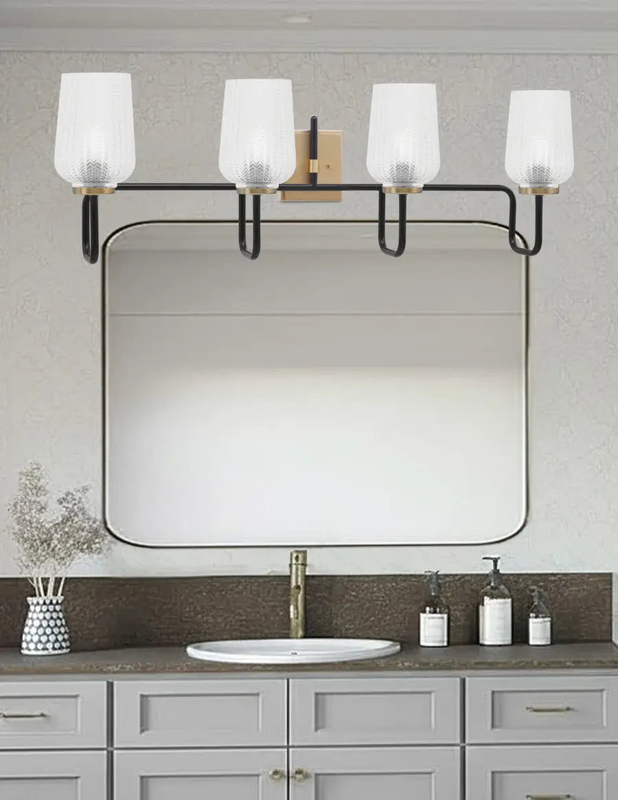 Sandia 4 Light Bath Bar in Matte Black & New Age Brass with Clear Textured Glass - Image 3