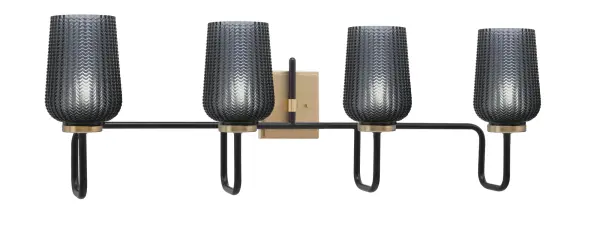 The Sandia 4 Light Bath Bar combines matte black and new age brass finishes for a striking industrial-modern aesthetic. Smoke textured glass shades create warm, diffused lighting perfect for vanities and powder rooms.
