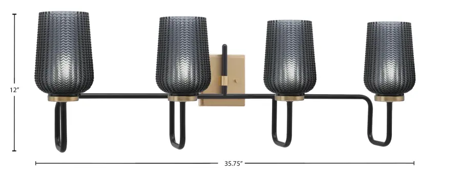 Sandia 4 Light Bath Bar in Matte Black & New Age Brass with Smoke Glass - Image 2