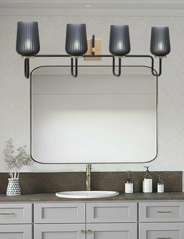 Sandia 4 Light Bath Bar in Matte Black & New Age Brass with Smoke Glass - Image 3