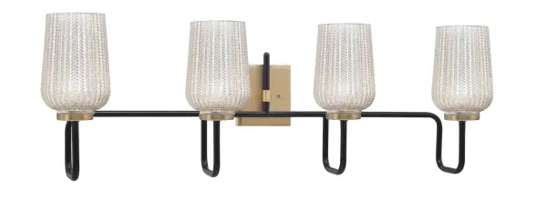 The Sandia 4 Light Bath Bar combines sleek matte black with sophisticated brass accents, creating a striking contemporary statement. Silver textured glass shades provide refined illumination perfect for modern bathrooms.
