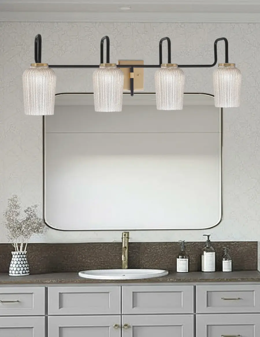 Sandia 4 Light Bath Bar in Matte Black & New Age Brass with Silver Textured Glass - Image 3
