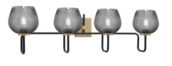 The Sandia 4 Light Bath Bar combines industrial style with refined elegance through its striking Matte Black and New Age Brass finish. The smoke textured glass shades create a warm, diffused glow perfect for vanity lighting.