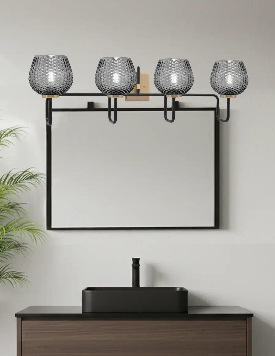 Sandia 4 Light Bath Bar in Matte Black & New Age Brass with Smoke Glass - Image 3