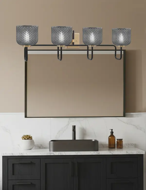 Sandia 4 Light Bath Bar in Matte Black & New Age Brass with Smoke Glass - Image 3