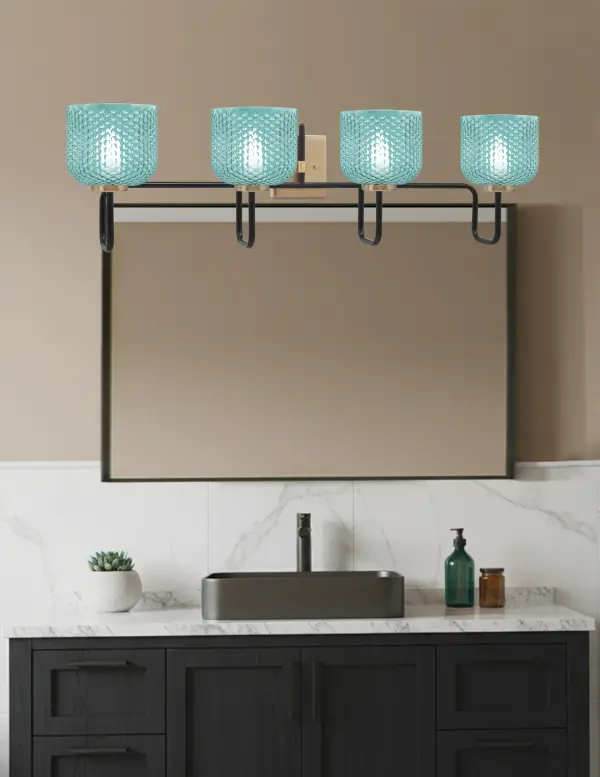 Bold Two-Tone Bath Bar with Vibrant Turquoise Glass Shades - Image 3