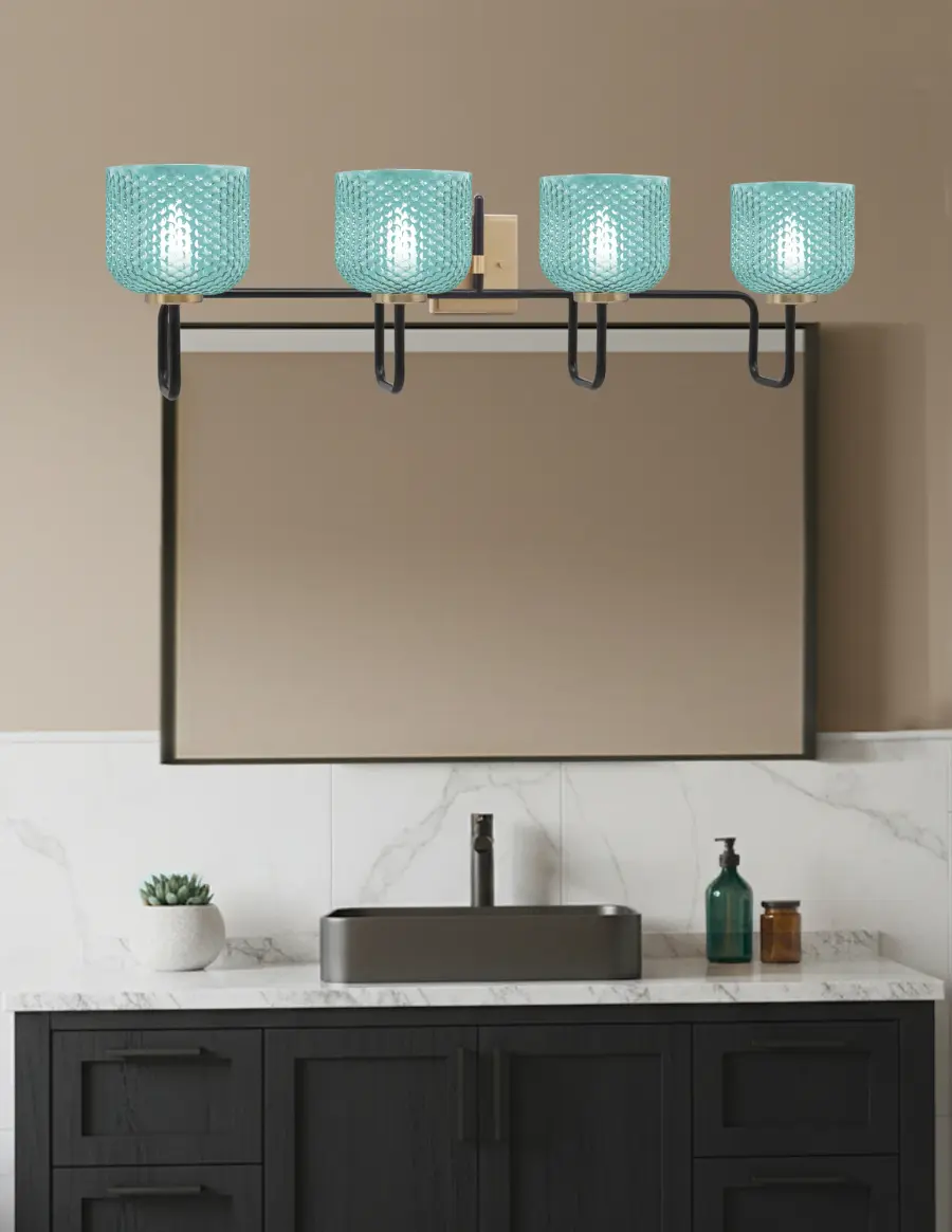 Bold Two-Tone Bath Bar with Vibrant Turquoise Glass Shades - Image 3