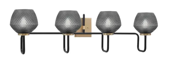 The Sandia 4 Light Bath Bar combines bold Matte Black and New Age Brass finishes with sophisticated Smoke Textured Glass shades. This 37.25" fixture delivers modern industrial style with warm, inviting illumination perfect for vanity lighting.
