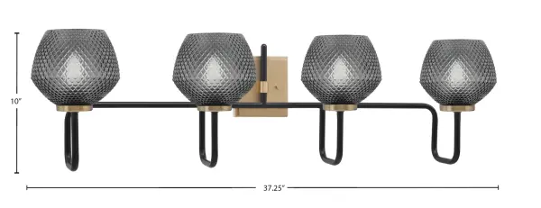 The Sandia 4 Light Bath Bar combines bold Matte Black and New Age Brass finishes with sophisticated Smoke Textured Glass shades. This 37.25" fixture delivers modern industrial style with warm, inviting illumination perfect for vanity lighting. - alternate view