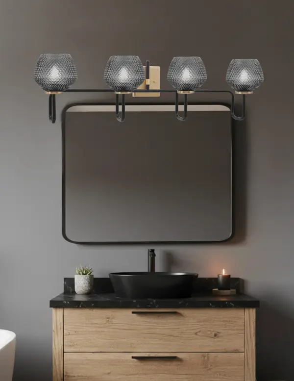 Sandia 4 Light Bath Bar in Matte Black & New Age Brass with Smoke Glass - Image 3