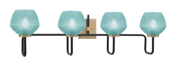 The Sandia 4 Light Bath Bar makes a striking statement with its dual-tone Matte Black and New Age Brass finish paired with vibrant turquoise textured glass shades. Perfect for modern bathrooms seeking a pop of color and personality.