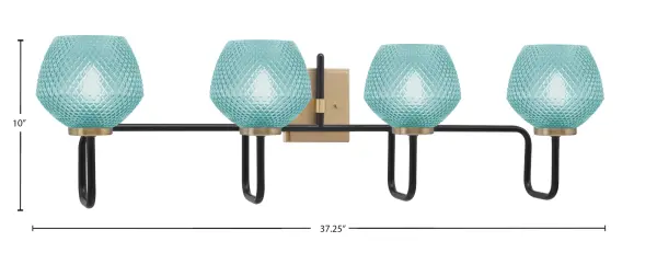 The Sandia 4 Light Bath Bar makes a striking statement with its dual-tone Matte Black and New Age Brass finish paired with vibrant turquoise textured glass shades. Perfect for modern bathrooms seeking a pop of color and personality. - alternate view