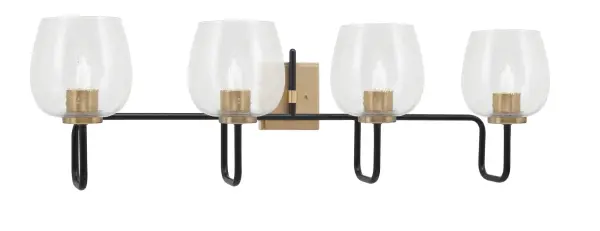 The Sandia 4-Light Bath Bar combines modern sophistication with timeless design through its striking matte black and new age brass finish. Clear bubble glass shades create captivating light diffusion while the 37.5-inch width provides ample illumination for larger vanities.