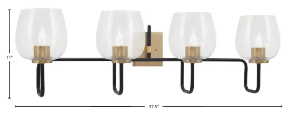 The Sandia 4-Light Bath Bar combines modern sophistication with timeless design through its striking matte black and new age brass finish. Clear bubble glass shades create captivating light diffusion while the 37.5-inch width provides ample illumination for larger vanities. - alternate view