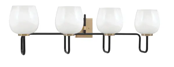 The Sandia 4 Light Bath Bar combines striking mixed metal finishes with beautiful white marble glass shades that diffuse light softly. Perfect for modern bathrooms and vanities seeking sophisticated style with warm ambiance.