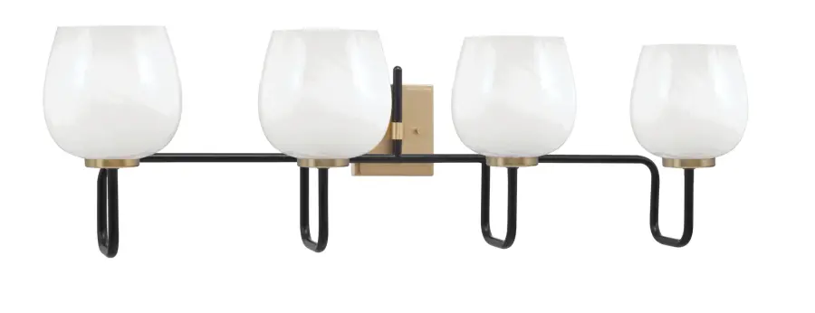 Sandia 4 Light Bath Bar in Matte Black & New Age Brass with White Marble Glass - Image 1