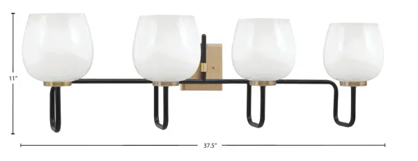 The Sandia 4 Light Bath Bar combines striking mixed metal finishes with beautiful white marble glass shades that diffuse light softly. Perfect for modern bathrooms and vanities seeking sophisticated style with warm ambiance. - alternate view