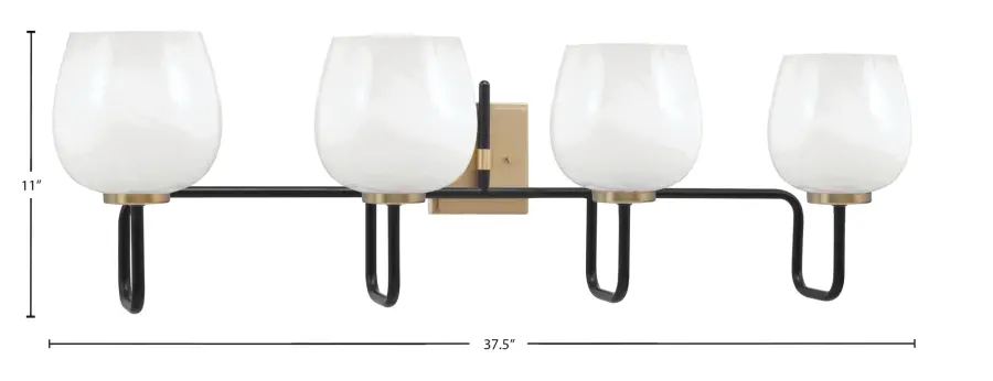Sandia 4 Light Bath Bar in Matte Black & New Age Brass with White Marble Glass - Image 2