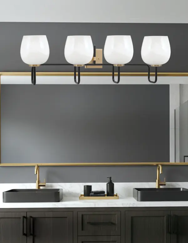 Sandia 4 Light Bath Bar in Matte Black & New Age Brass with White Marble Glass - Image 3