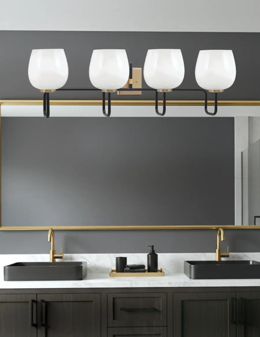 Sandia 4 Light Bath Bar in Matte Black & New Age Brass with White Marble Glass - Image 3