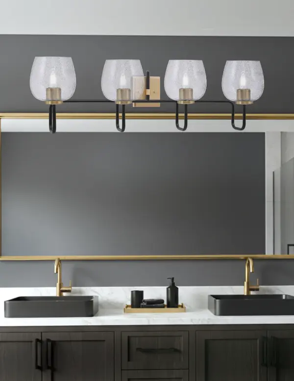 Sandia 4-Light Bath Bar in Matte Black & New Age Brass with Smoke Bubble Glass - Image 3