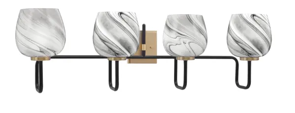 The Sandia 4 Light Bath Bar combines modern elegance with functional design. Its matte black and new age brass finish creates visual interest, while the 6-inch onyx swirl glass shades add depth and warmth to bathroom lighting.