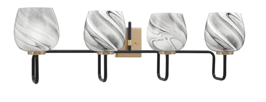 Sandia 4 Light Bath Bar in Matte Black & New Age Brass with Onyx Swirl Glass - Image 1