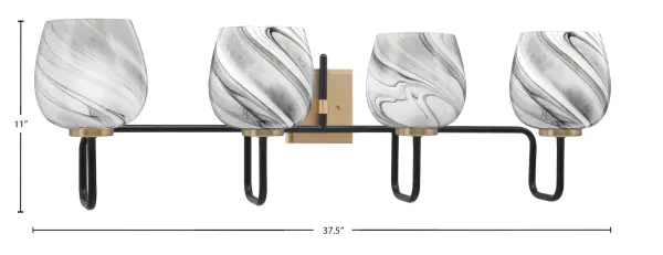 The Sandia 4 Light Bath Bar combines modern elegance with functional design. Its matte black and new age brass finish creates visual interest, while the 6-inch onyx swirl glass shades add depth and warmth to bathroom lighting. - alternate view
