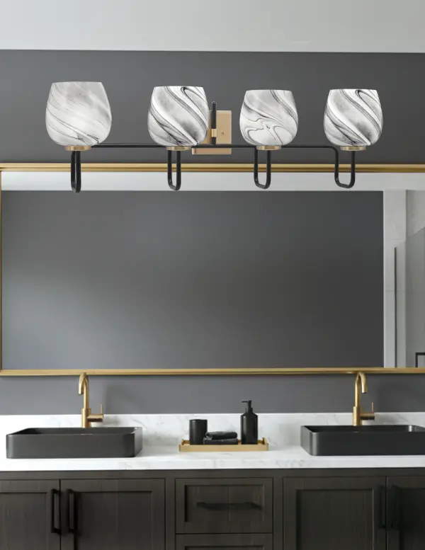 Sandia 4 Light Bath Bar in Matte Black & New Age Brass with Onyx Swirl Glass - Image 3