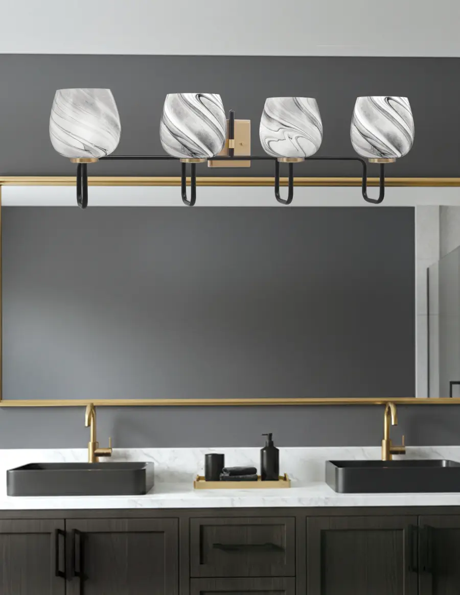 Sandia 4 Light Bath Bar in Matte Black & New Age Brass with Onyx Swirl Glass - Image 3