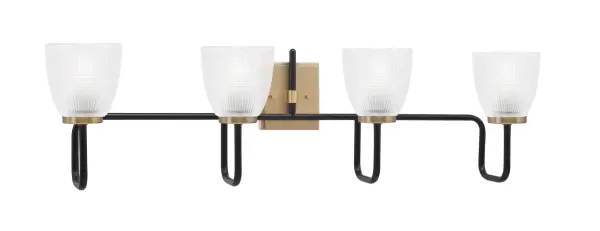 The Sandia 4 Light Bath Bar combines contemporary style with functional elegance. Its striking matte black and brass finish pairing creates visual interest, while the clear ribbed glass shades provide textured illumination perfect for vanity lighting.