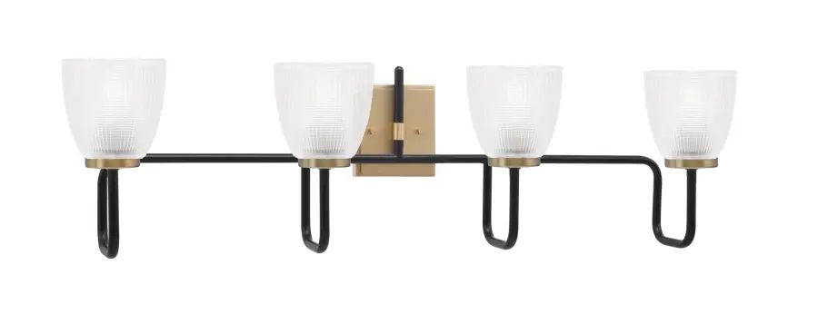 Sandia 4 Light Bath Bar in Matte Black & New Age Brass with Clear Ribbed Glass - Image 1